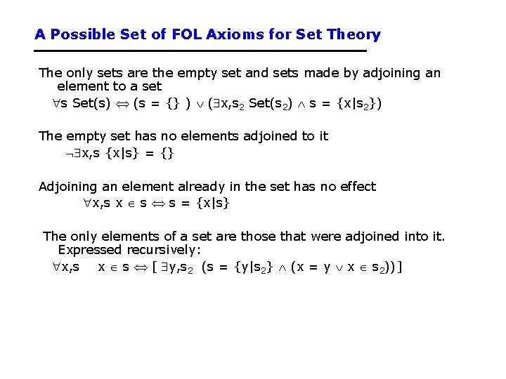 A Possible Set of FOL Axioms for Set Theory The only sets are the