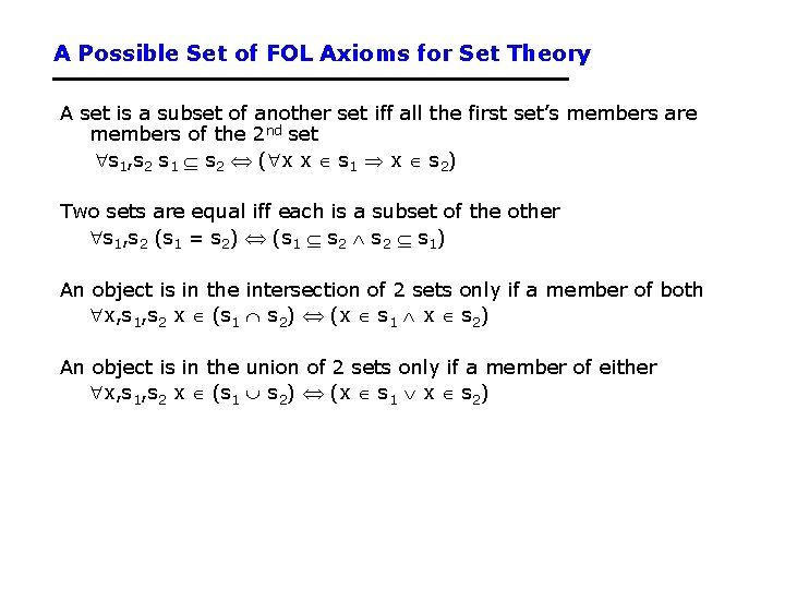 A Possible Set of FOL Axioms for Set Theory A set is a subset