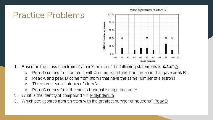 Practice Problems 1. Based on the mass spectrum of atom Y, which of the Practice Problems 1. Based on the mass spectrum of atom Y, which of the