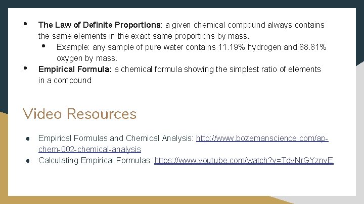 • • The Law of Definite Proportions: a given chemical compound always contains • • The Law of Definite Proportions: a given chemical compound always contains