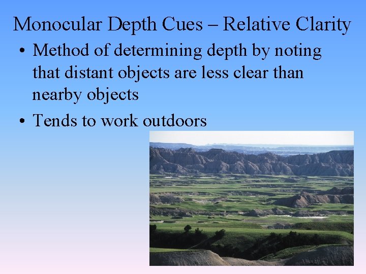 Monocular Depth Cues – Relative Clarity • Method of determining depth by noting that