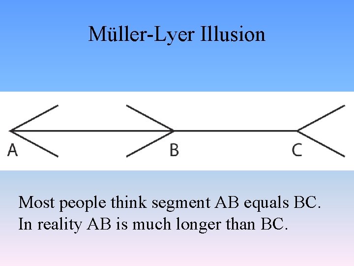 Müller-Lyer Illusion Most people think segment AB equals BC. In reality AB is much