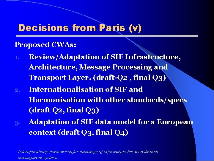 Decisions from Paris (v) Proposed CWAs: 1. Review/Adaptation of SIF Infrastructure, Architecture, Message Processing