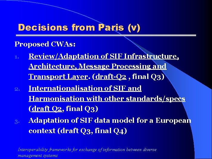 Decisions from Paris (v) Proposed CWAs: 1. Review/Adaptation of SIF Infrastructure, Architecture, Message Processing