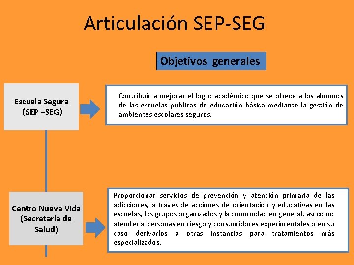 Articulación SEP-SEG Objetivos generales Escuela Segura (SEP –SEG) Centro Nueva Vida (Secretaría de Salud)