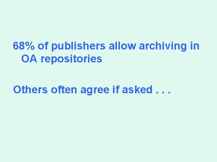 68% of publishers allow archiving in OA repositories Others often agree if asked. .