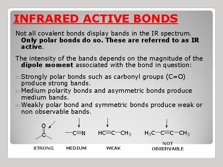 INFRARED ACTIVE BONDS Not all covalent bonds display bands in the IR spectrum. Only