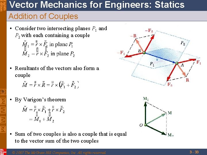 Eighth Edition Vector Mechanics for Engineers: Statics Addition of Couples • Consider two intersecting