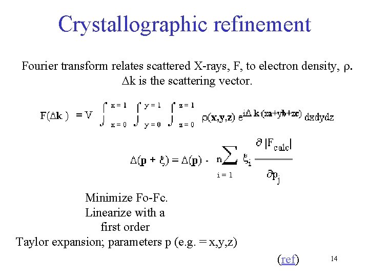 Crystallographic refinement Fourier transform relates scattered X-rays, F, to electron density, r. Dk is