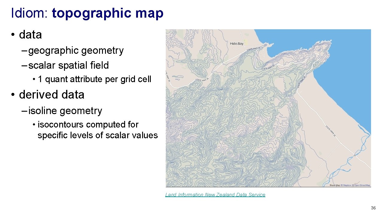 Idiom: topographic map • data – geographic geometry – scalar spatial field • 1