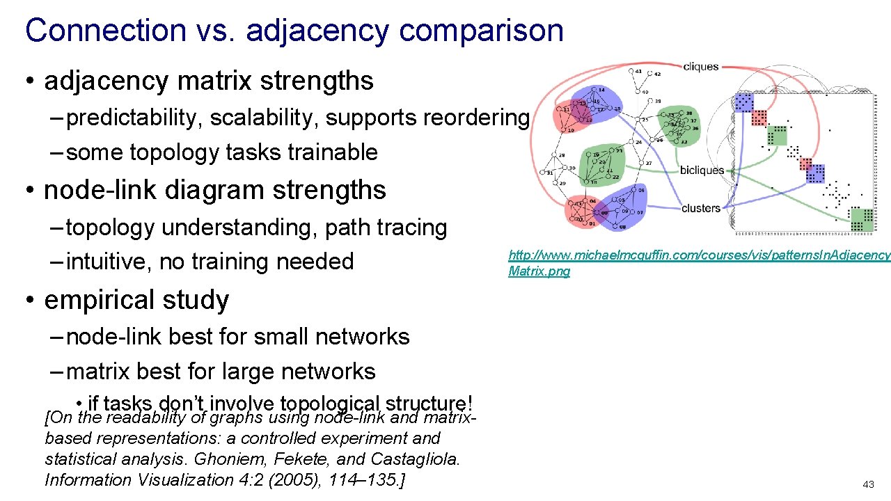 Connection vs. adjacency comparison • adjacency matrix strengths – predictability, scalability, supports reordering –