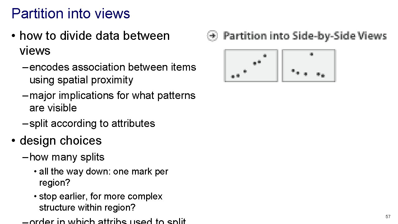 Partition into views • how to divide data between views – encodes association between