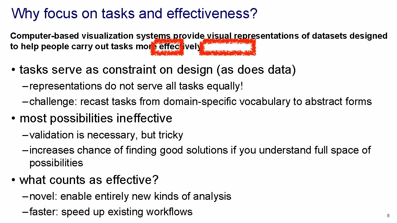 Why focus on tasks and effectiveness? Computer-based visualization systems provide visual representations of datasets