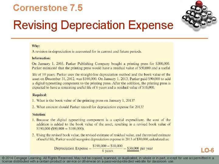 Cornerstone 7. 5 Revising Depreciation Expense LO-6 © 2014 Cengage Learning. All Rights Reserved.