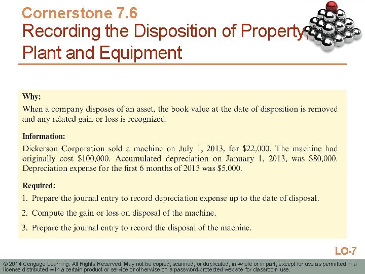 Cornerstone 7. 6 Recording the Disposition of Property, Plant and Equipment LO-7 © 2014