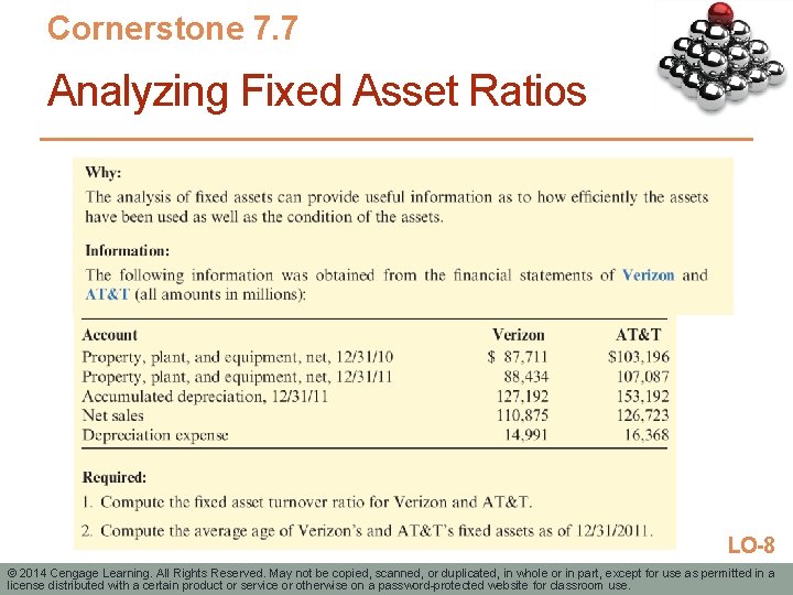 Cornerstone 7. 7 Analyzing Fixed Asset Ratios LO-8 © 2014 Cengage Learning. All Rights