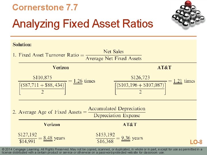 Cornerstone 7. 7 Analyzing Fixed Asset Ratios LO-8 © 2014 Cengage Learning. All Rights