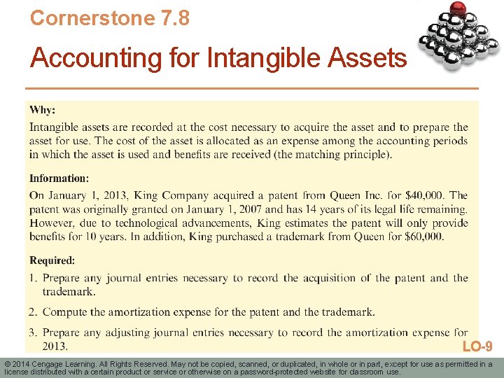 Cornerstone 7. 8 Accounting for Intangible Assets LO-9 © 2014 Cengage Learning. All Rights