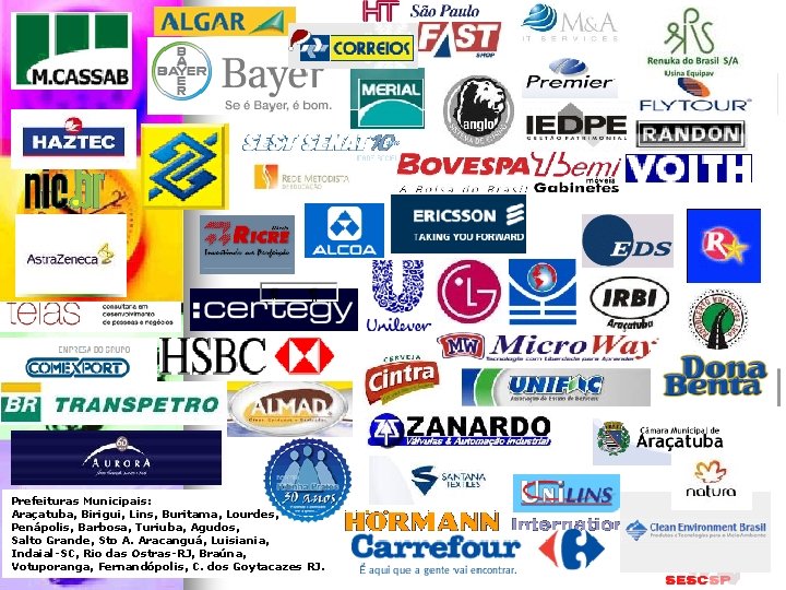 Prefeituras Municipais: Araçatuba, Birigui, Lins, Buritama, Lourdes, Penápolis, Barbosa, Turiuba, Agudos, Salto Grande, Sto