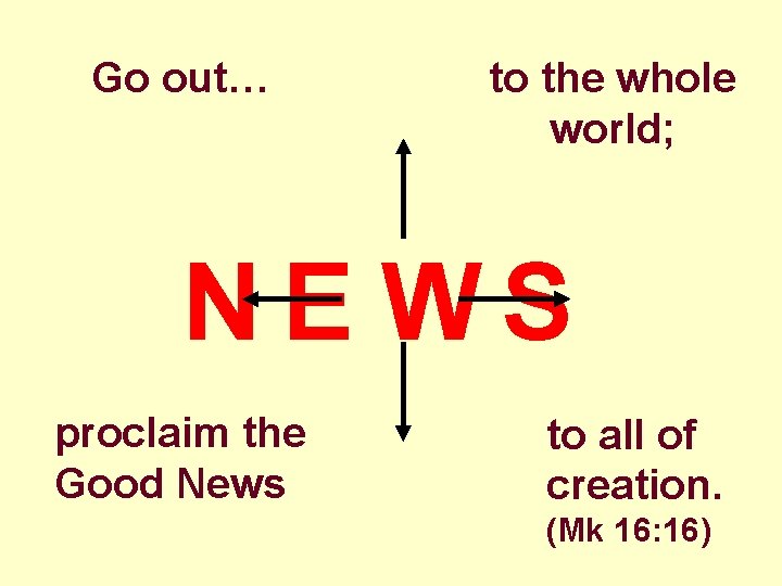 Go out… to the whole world; NE WS proclaim the Good News to all