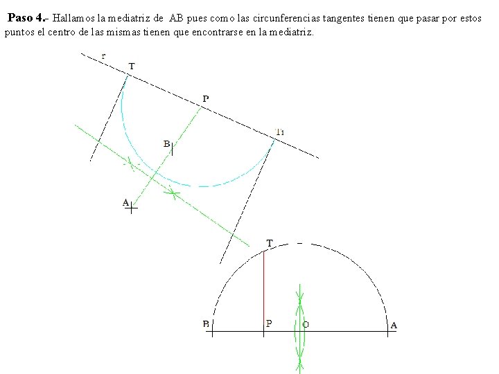 Paso 4. - Hallamos la mediatriz de AB pues como las circunferencias tangentes tienen