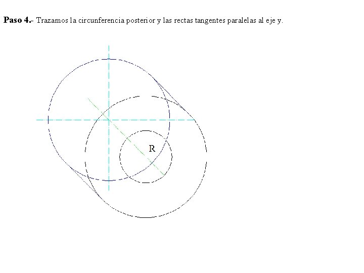Paso 4. - Trazamos la circunferencia posterior y las rectas tangentes paralelas al eje