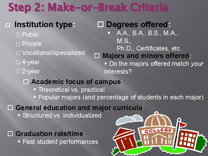 Step 2: Make-or-Break Criteria Institution type: Degrees offered: � Public � Private � Vocational/specialized