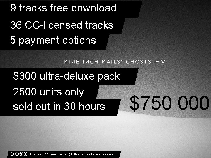 9 tracks free download 36 CC-licensed tracks 5 payment options $300 ultra-deluxe pack 2500
