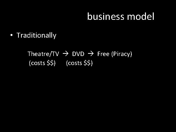 business model • Traditionally Theatre/TV DVD Free (Piracy) (costs $$) AUSTRALIA 
