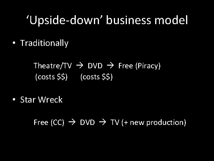 ‘Upside-down’ business model • Traditionally Theatre/TV DVD Free (Piracy) (costs $$) • Star Wreck