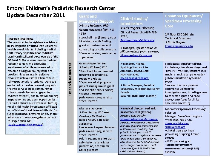 Emory+Children’s Pediatric Research Center Update December 2011 Grant and Manuscript Support Research Resources: The