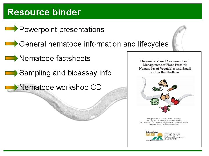 Resource binder Powerpoint presentations General nematode information and lifecycles Nematode factsheets Sampling and bioassay