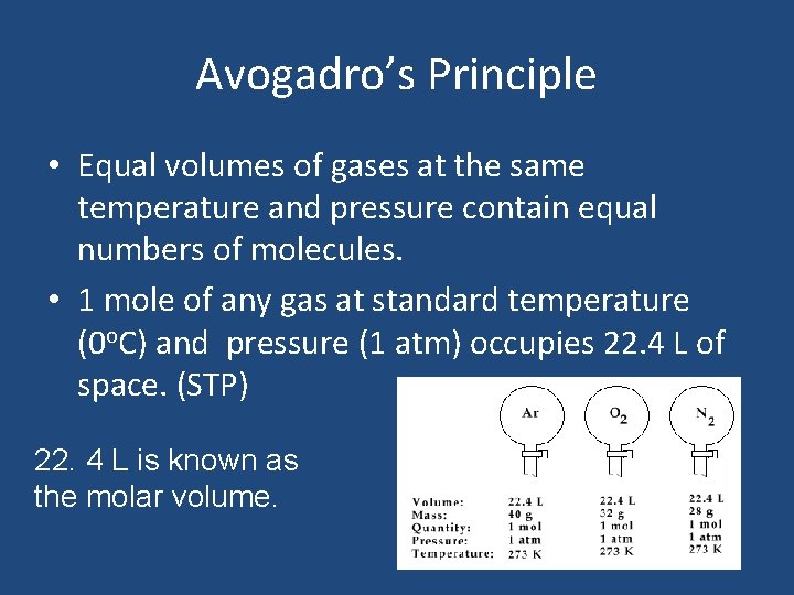 Avogadro’s Principle • Equal volumes of gases at the same temperature and pressure contain