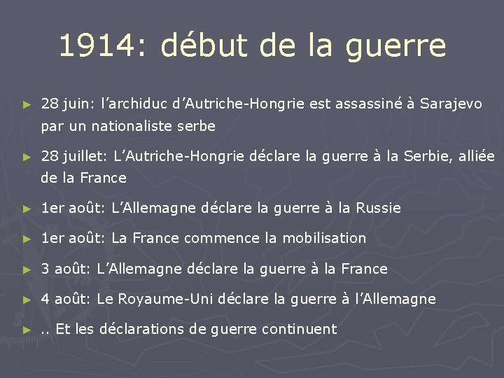 1914: début de la guerre ► 28 juin: l’archiduc d’Autriche-Hongrie est assassiné à Sarajevo