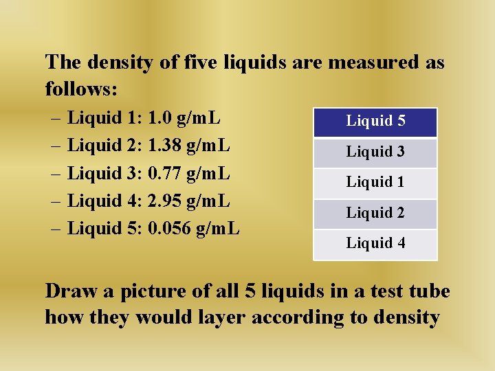 The density of five liquids are measured as follows: – Liquid 1: 1. 0