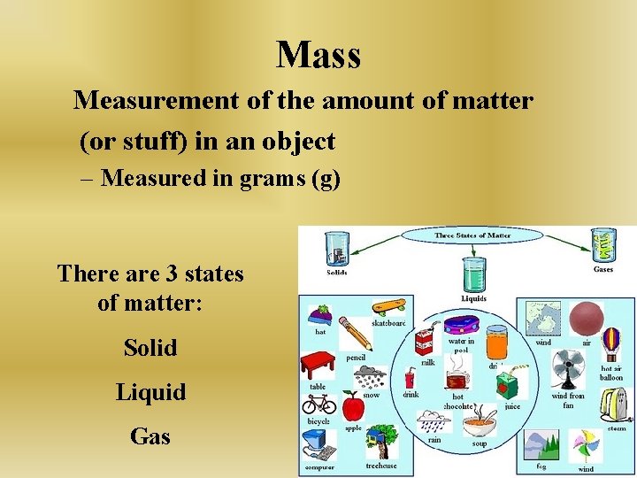 Mass Measurement of the amount of matter (or stuff) in an object – Measured