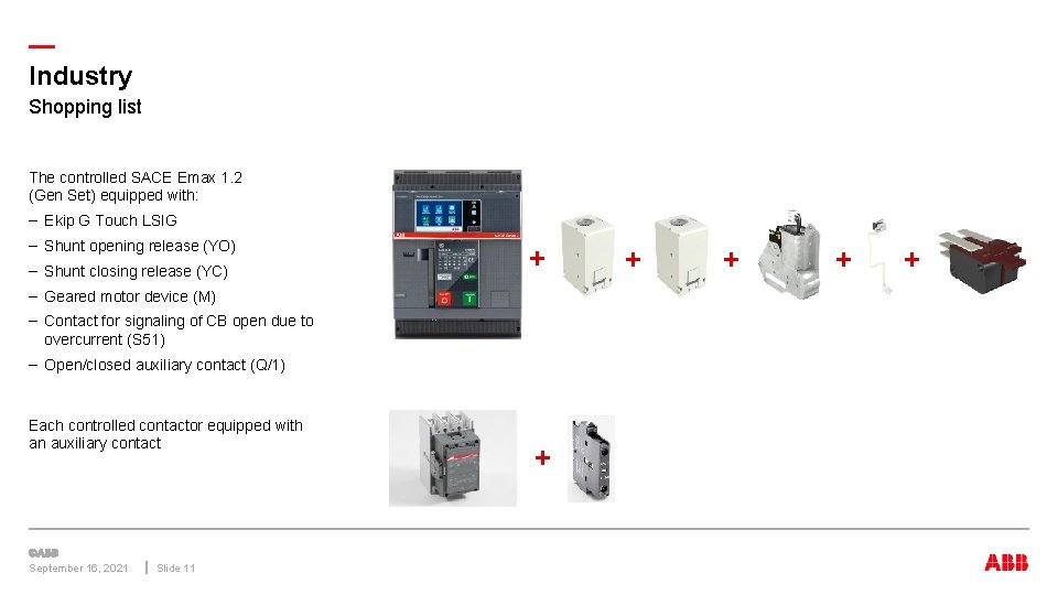 — Industry Shopping list The controlled SACE Emax 1. 2 (Gen Set) equipped with: