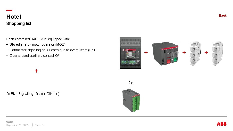 — Hotel Back Shopping list Each controlled SACE XT 2 equipped with: – Stored