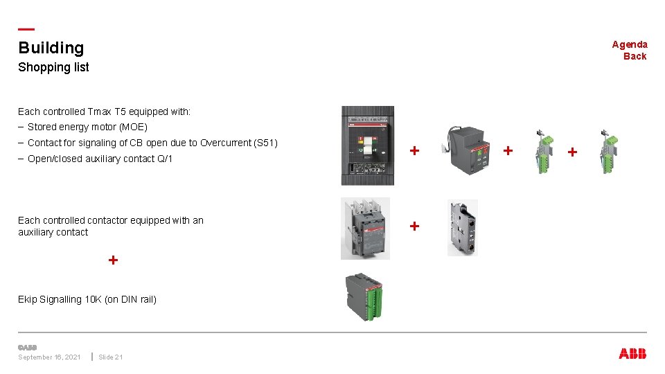 — Building Agenda Back Shopping list Each controlled Tmax T 5 equipped with: –