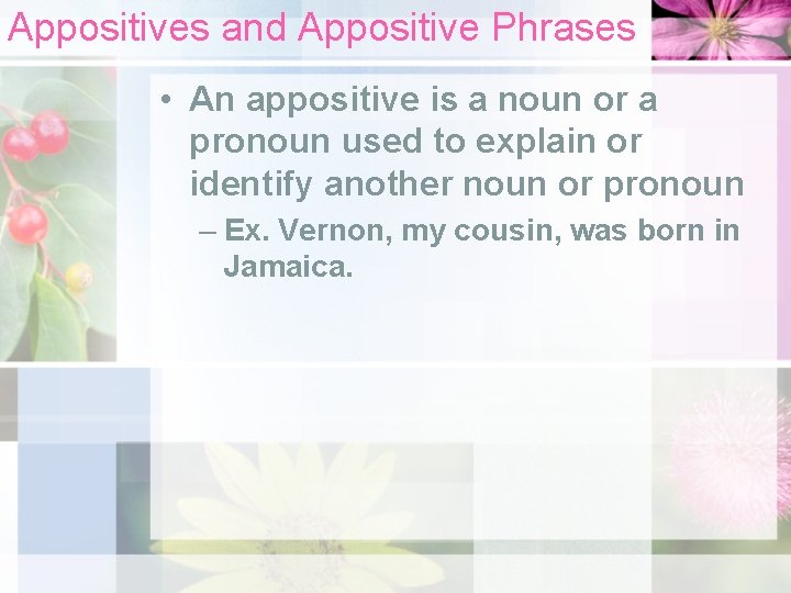 Appositives and Appositive Phrases • An appositive is a noun or a pronoun used