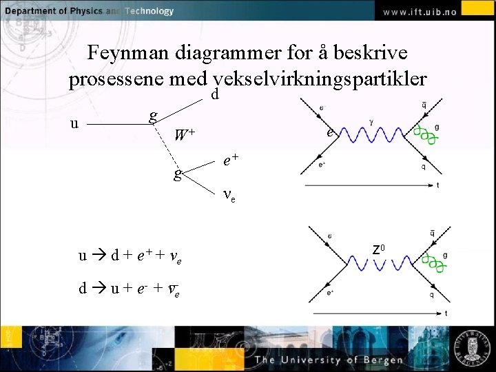 Feynman diagrammer for å beskrive prosessene med vekselvirkningspartikler d g Normal text click to