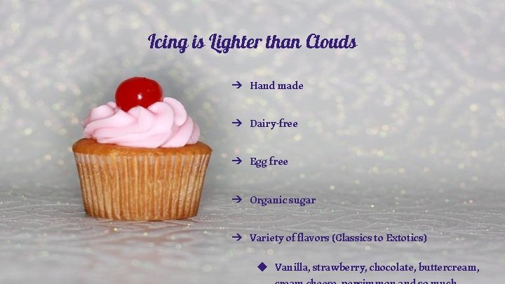 Icing is Lighter than Clouds ➔ Hand made ➔ Dairy-free ➔ Egg free ➔