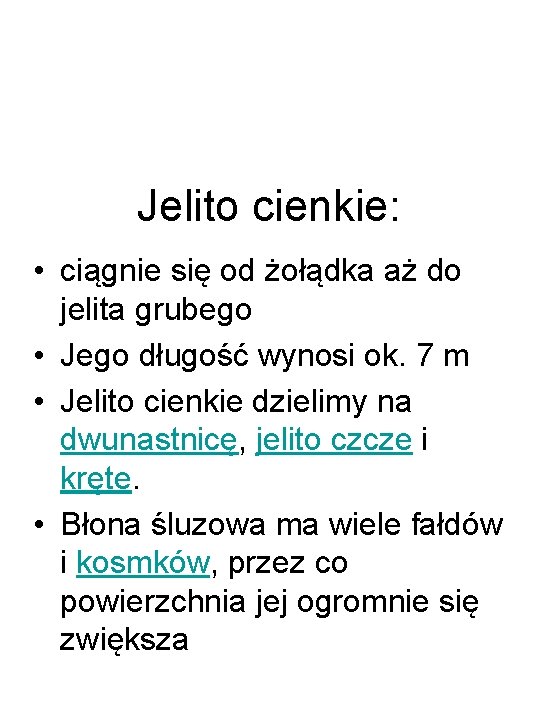 Jelito cienkie: • ciągnie się od żołądka aż do jelita grubego • Jego długość