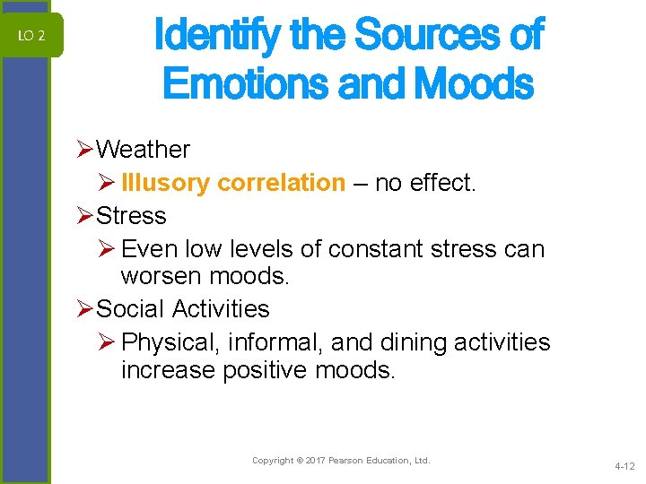 LO 2 Identify the Sources of Emotions and Moods ØWeather Ø Illusory correlation –