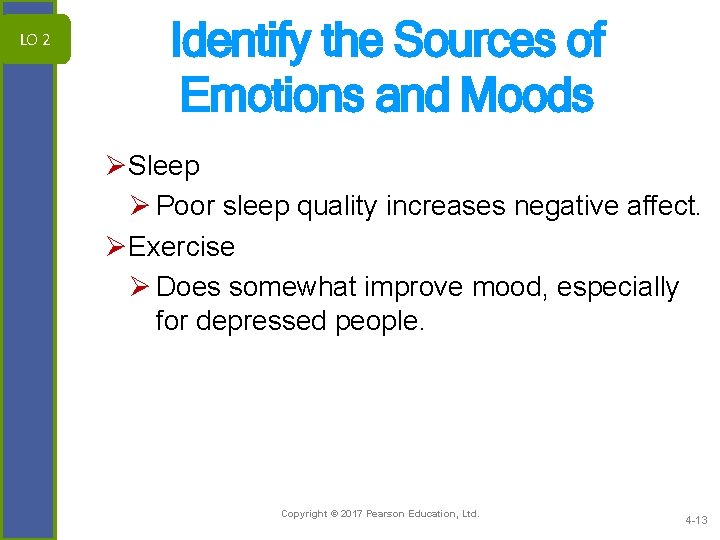 LO 2 Identify the Sources of Emotions and Moods ØSleep Ø Poor sleep quality