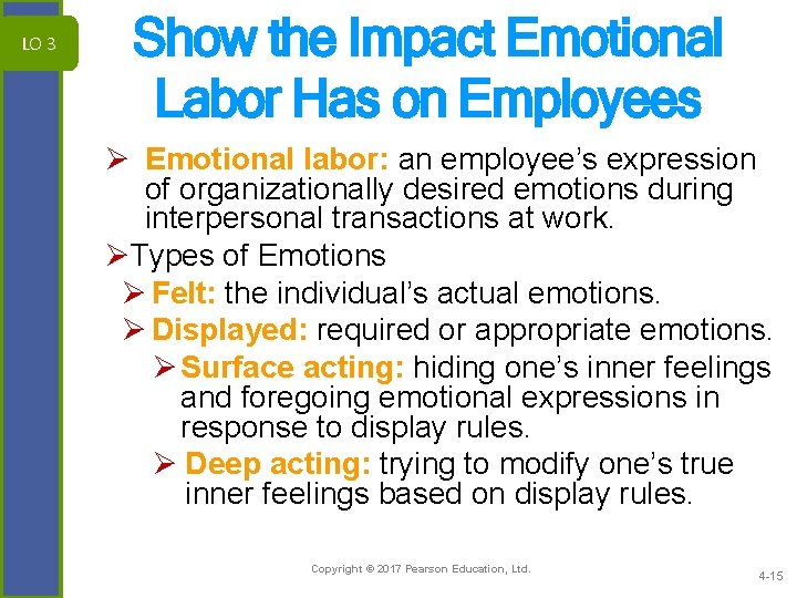LO 3 Show the Impact Emotional Labor Has on Employees Ø Emotional labor: an