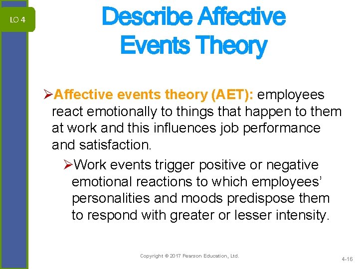 LO 4 Describe Affective Events Theory ØAffective events theory (AET): employees react emotionally to