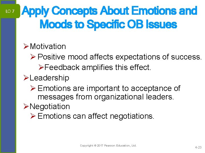 LO 7 Apply Concepts About Emotions and Moods to Specific OB Issues ØMotivation Ø