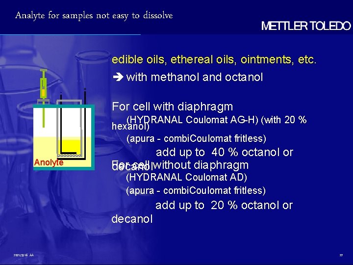 Analyte for samples not easy to dissolve edible oils, ethereal oils, ointments, etc. with