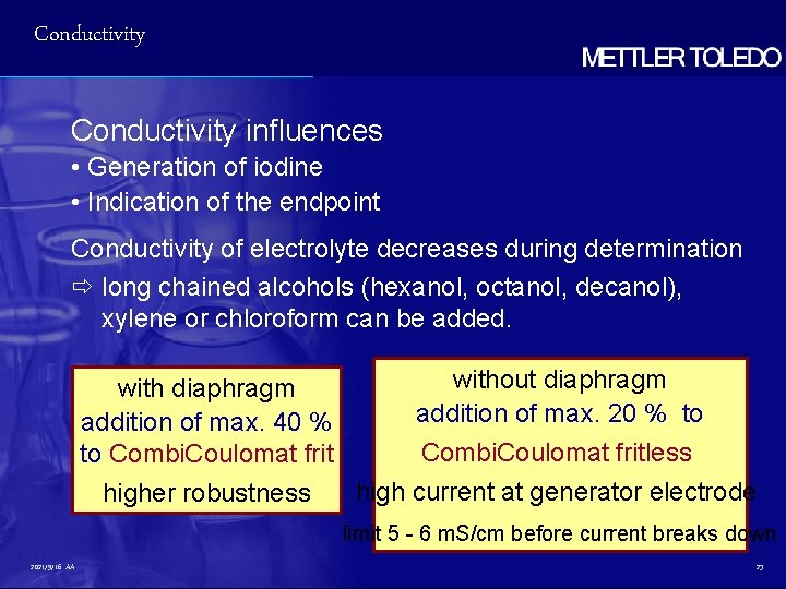 Conductivity influences • Generation of iodine • Indication of the endpoint Conductivity of electrolyte Conductivity influences • Generation of iodine • Indication of the endpoint Conductivity of electrolyte